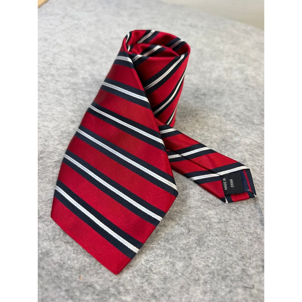 Nautica Mens Red Navy Blue White Striped Silk Necktie RN 121146